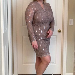 Marina Taupe Sequin and Lace Sheath Dress